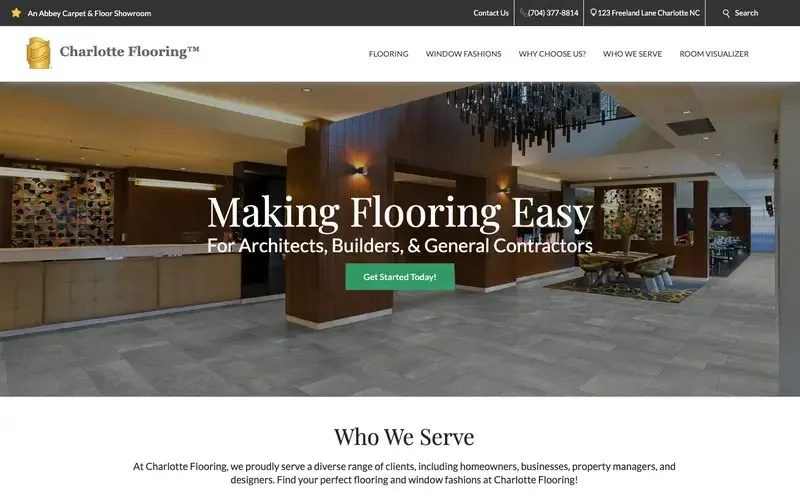 Charlotte Flooring homepage, an Abbey Carpet dealer site, with a hotel lobby floor and the headline Making Flooring Easy