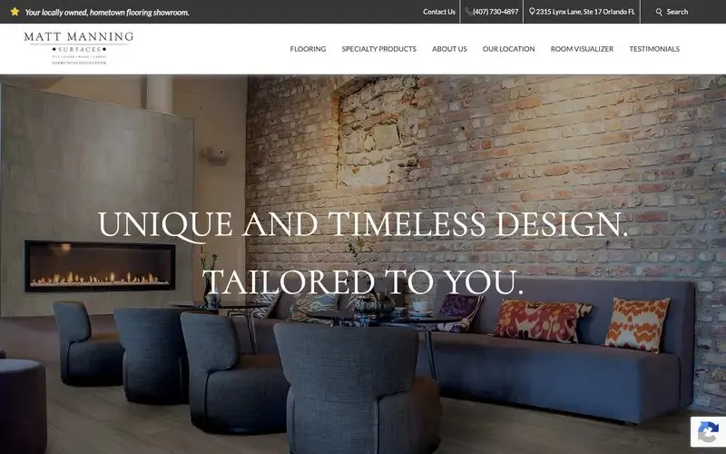 Matt Manning Surfaces homepage, a Floors To Go dealer site, with a lounge and brick wall and the headline Unique and Timeless Design