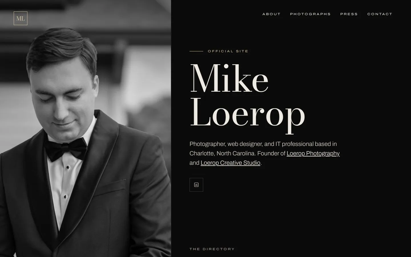 Mike Loerop homepage: a black and white portrait in a tuxedo beside his name in large serif type