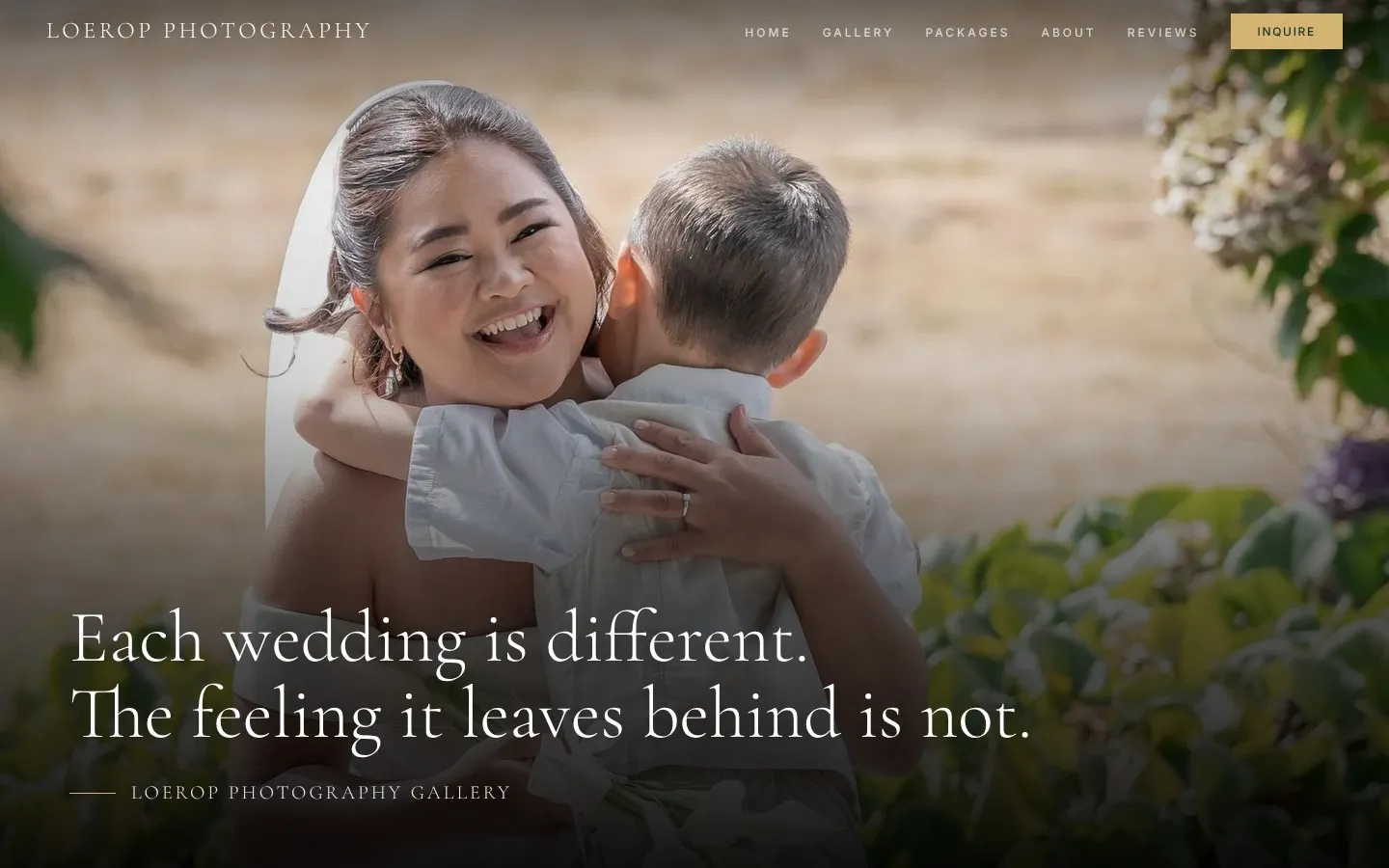 Loerop Photography gallery page with a bride hugging a young boy outdoors