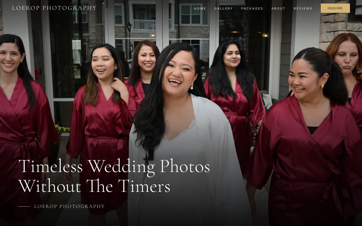 Loerop Photography homepage: a bride laughing with her bridesmaids in red robes, under the headline Timeless Wedding Photos Without The Timers