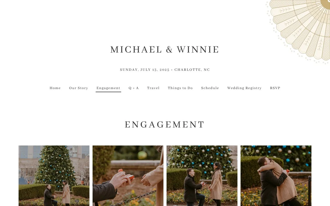 Engagement page with a grid of proposal photographs in front of a Christmas tree