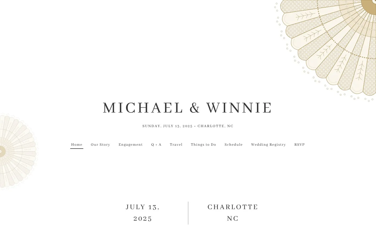 Michael and Winnie wedding website homepage with an embroidered fan in the corner and the date July 13, 2025, Charlotte, NC