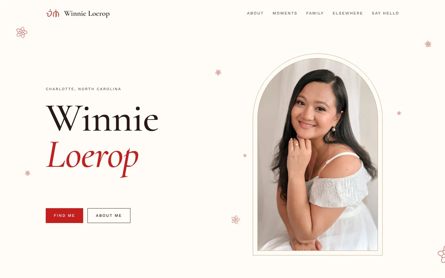Winnie Loerop homepage with her portrait in a tall arch and her name set in black and red